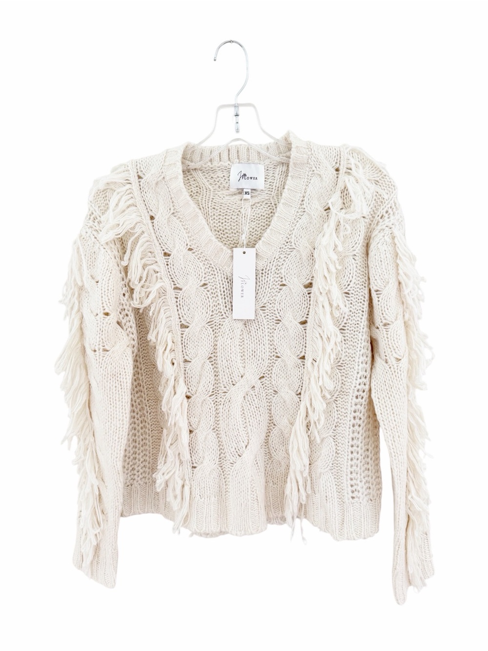 JoFlower Ivory V-Neck Fringe Cable Knit Sweater Size XS NWT